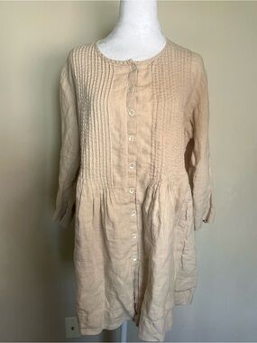 Gudrun Sjödén Beige Linen Pleated Shirt Dress L Button Pockets Lightweight